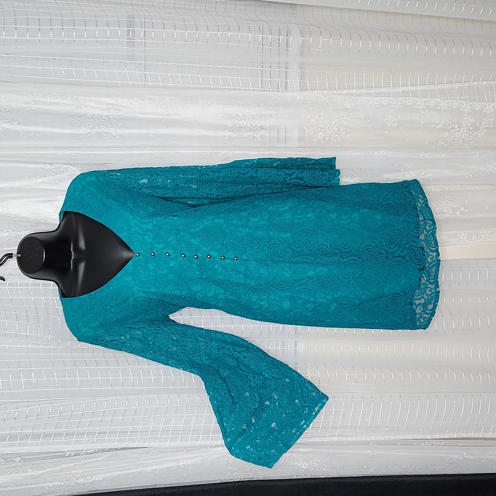 Teal Boho Hippie Mini V-Neck Dress W/ Paisley Lace Overlay Bell Sleeves Sz12